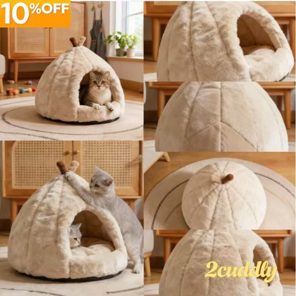 Adorable Peach-Shaped Pet Cave Bed for Cats - Plush, Cream, Cozy Hiding Spot, All-Season