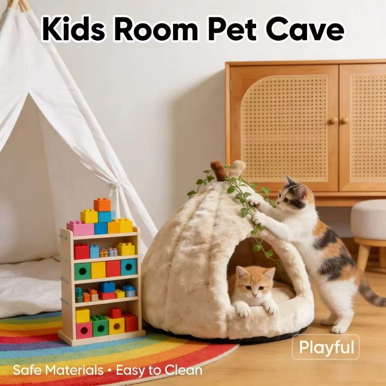 Adorable Peach-Shaped Pet Cave Bed for Cats - Plush, Cream, Cozy Hiding Spot, All-Season