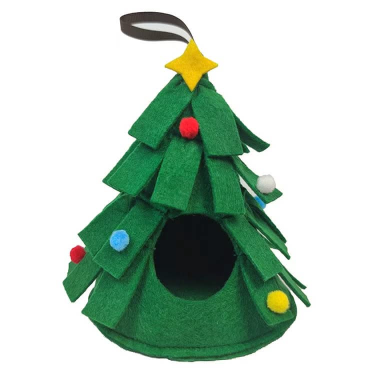 Festive-Shelter Hamster House for Hamsters - Christmas Tree Shape, Green, Felt Material, Colorful Pom-poms