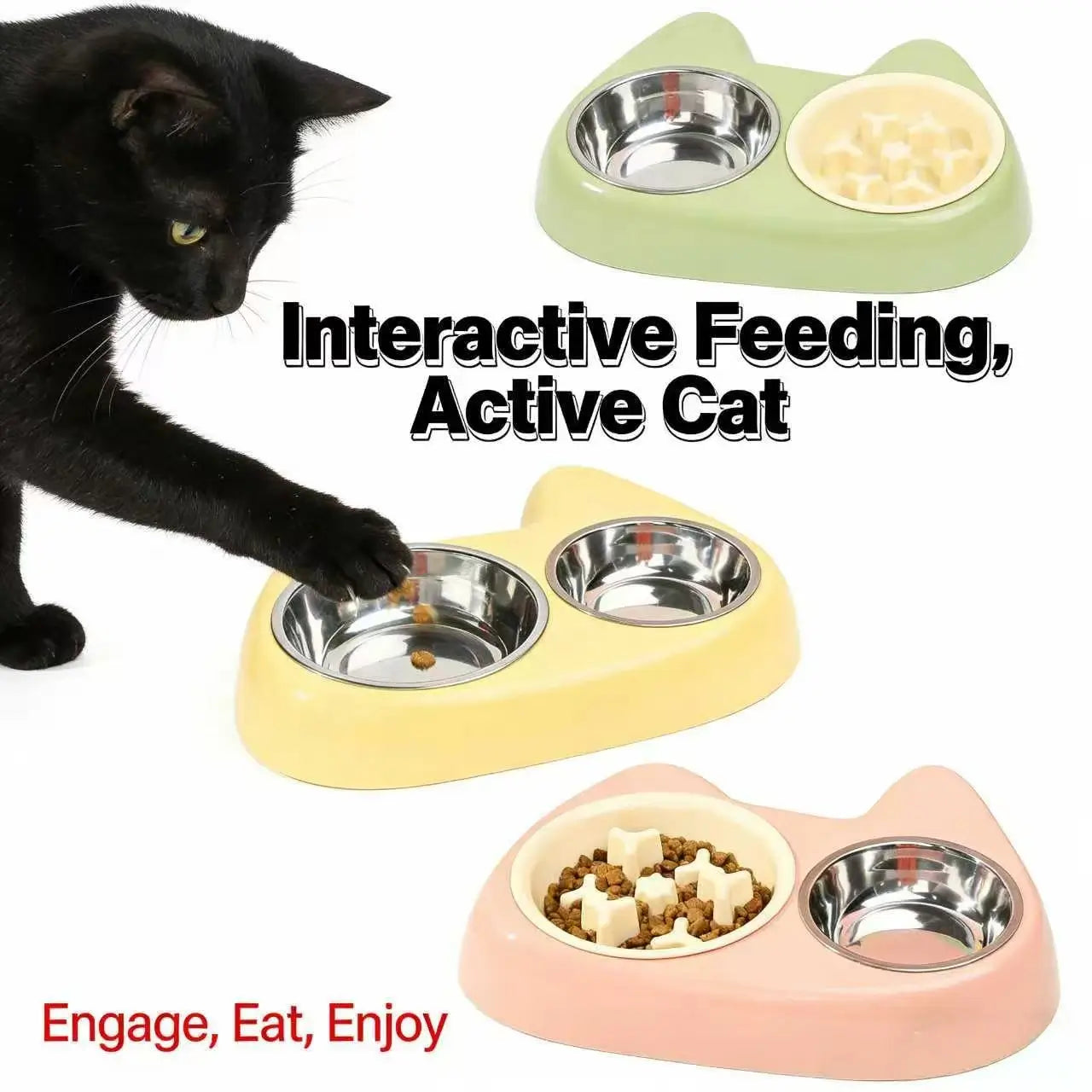 2-in-1 Cat Feeding Bowls: Slow-Feeding Design, Stainless Steel (Multi-Color)