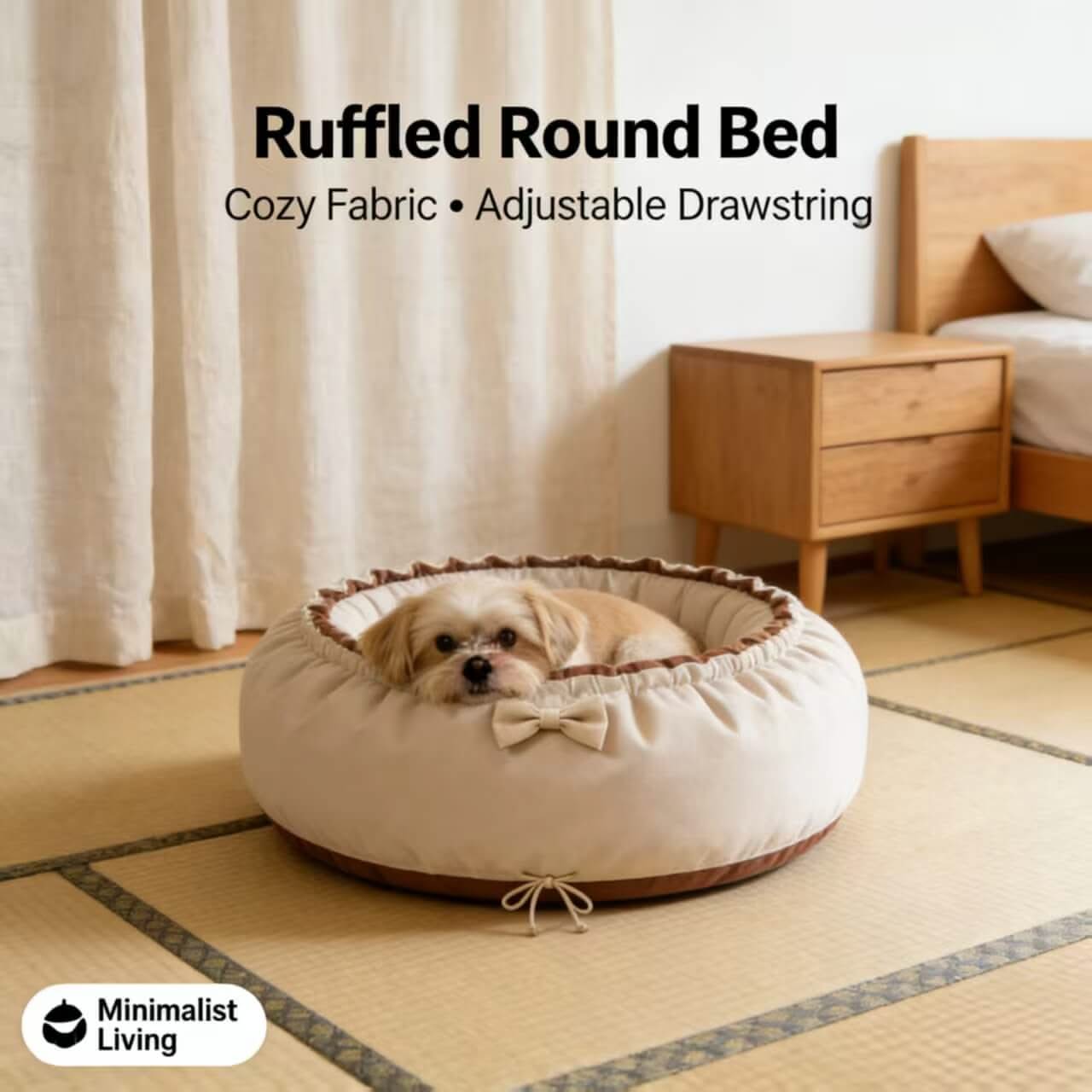 Adjustable Cozy Pet Bed for Dogs - Beige-Brown, Round, Ruffled Trim, Drawstring Design