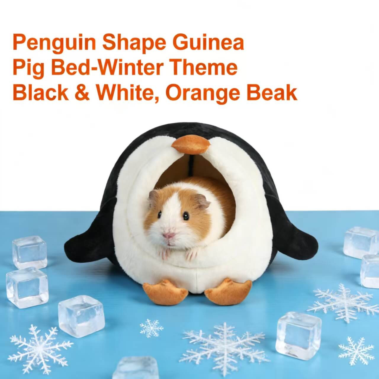 Winter-Themed Cozy Guinea Pig House for Guinea Pigs - Penguin Shape, Black & White, Orange Beak