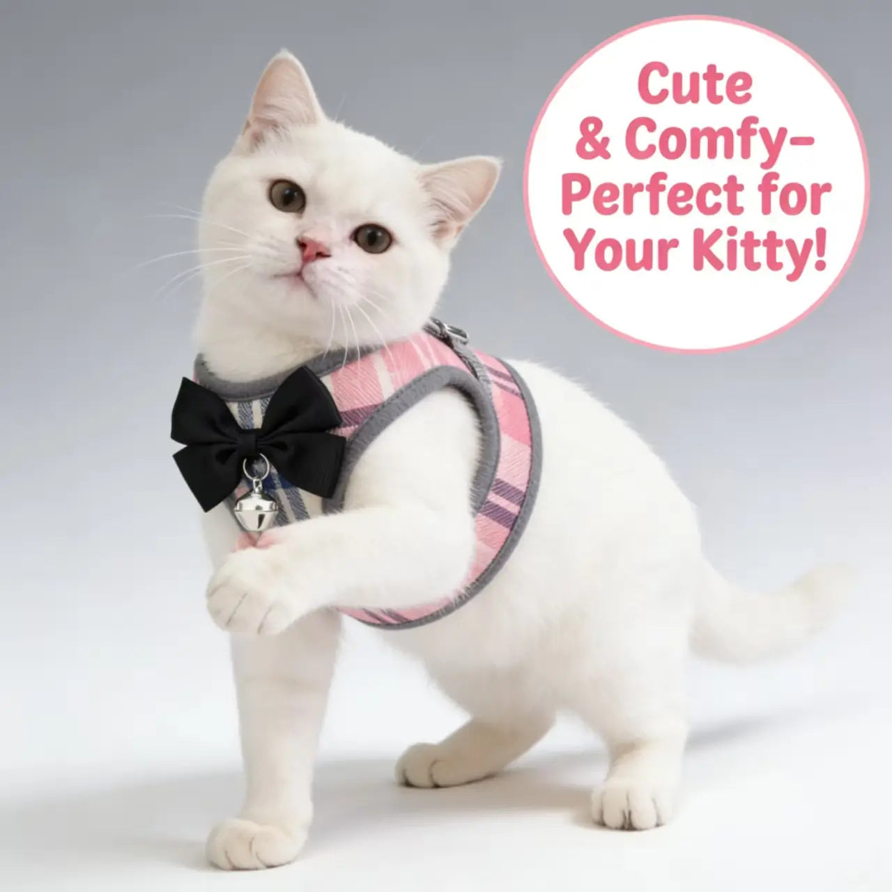 Escape-Proof Cat Harness & Leash: Plaid Print, Bow & Bell Accent
