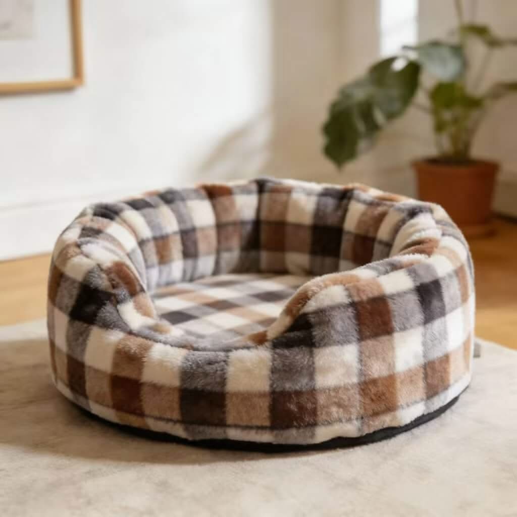 Plaid Faux Fur Pet Bed for Cats - Brown-White-Gray, Round, Soft Cushion, Cozy All-Season