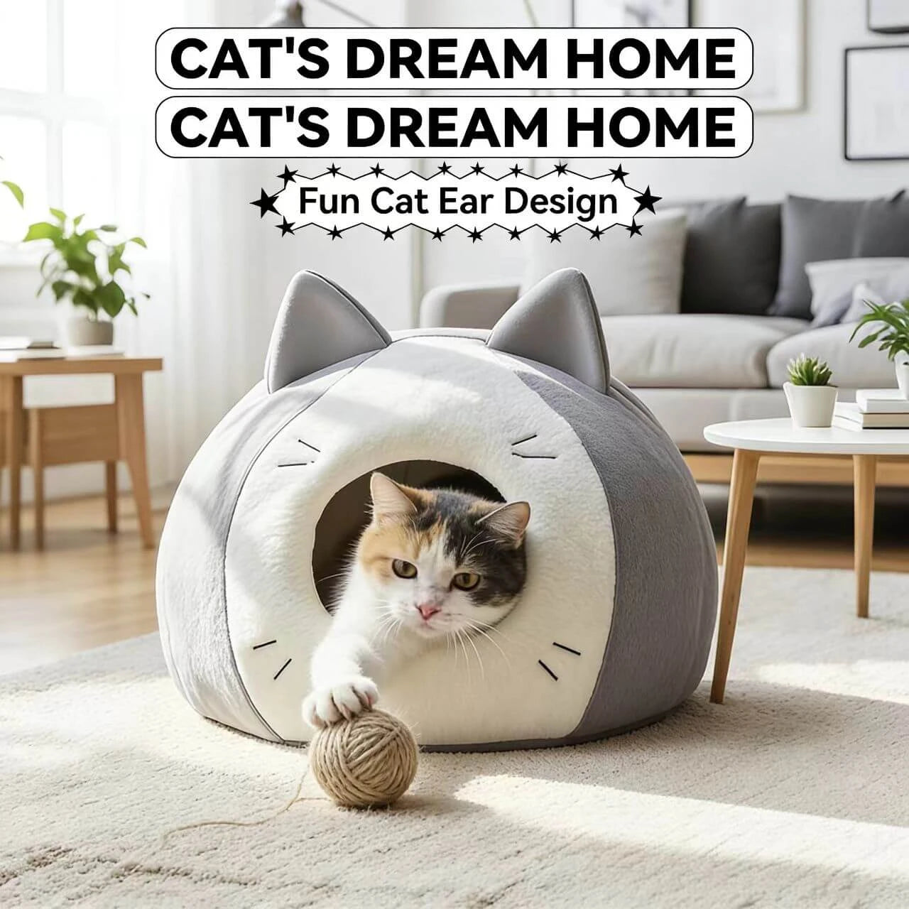Warm Enclosed Pet Bed for Cats - Cat Face Shape, Soft Plush, Grey/White Rest Cave