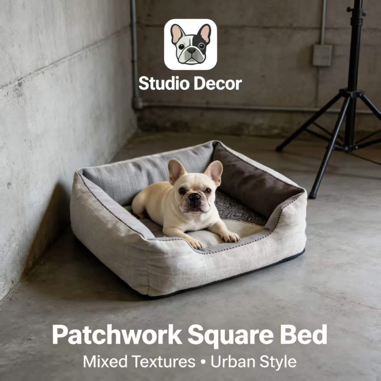 Studio-Decor Pet Bed for Dogs - Square, Grey Patchwork, Mixed Textures, Urban Style