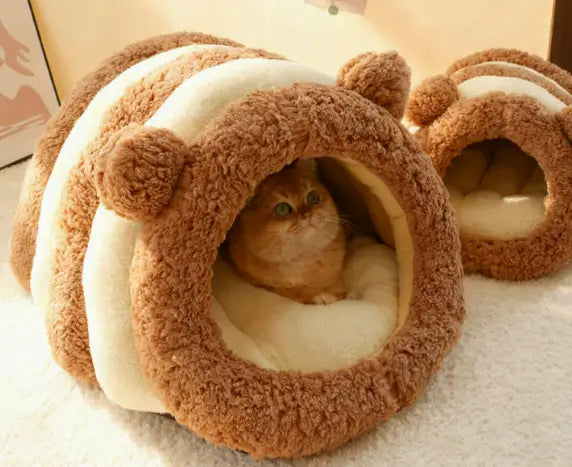 Bear-Ear Cat Bed: Cozy Hideaway, Striped Plush Surface (Brown-Beige)
