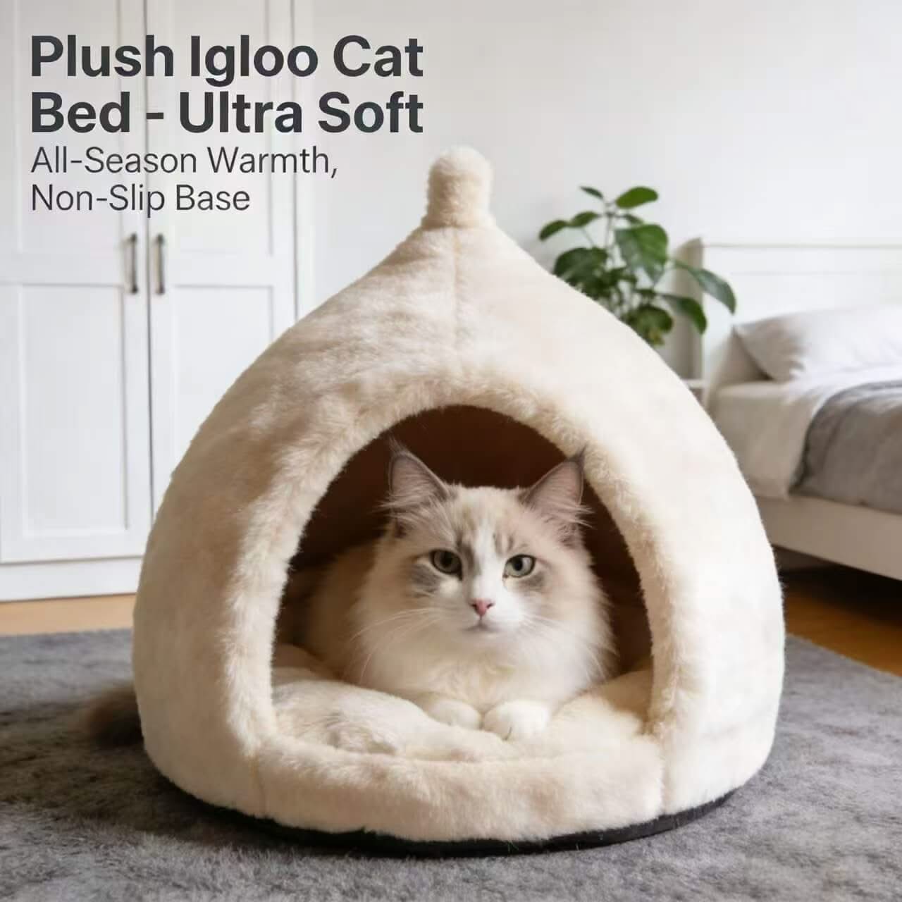 Furry Dome Pet Cave Bed for Cats - Cream, Pom-Pom Top, Plush, Cozy Hiding Spot, All-Season