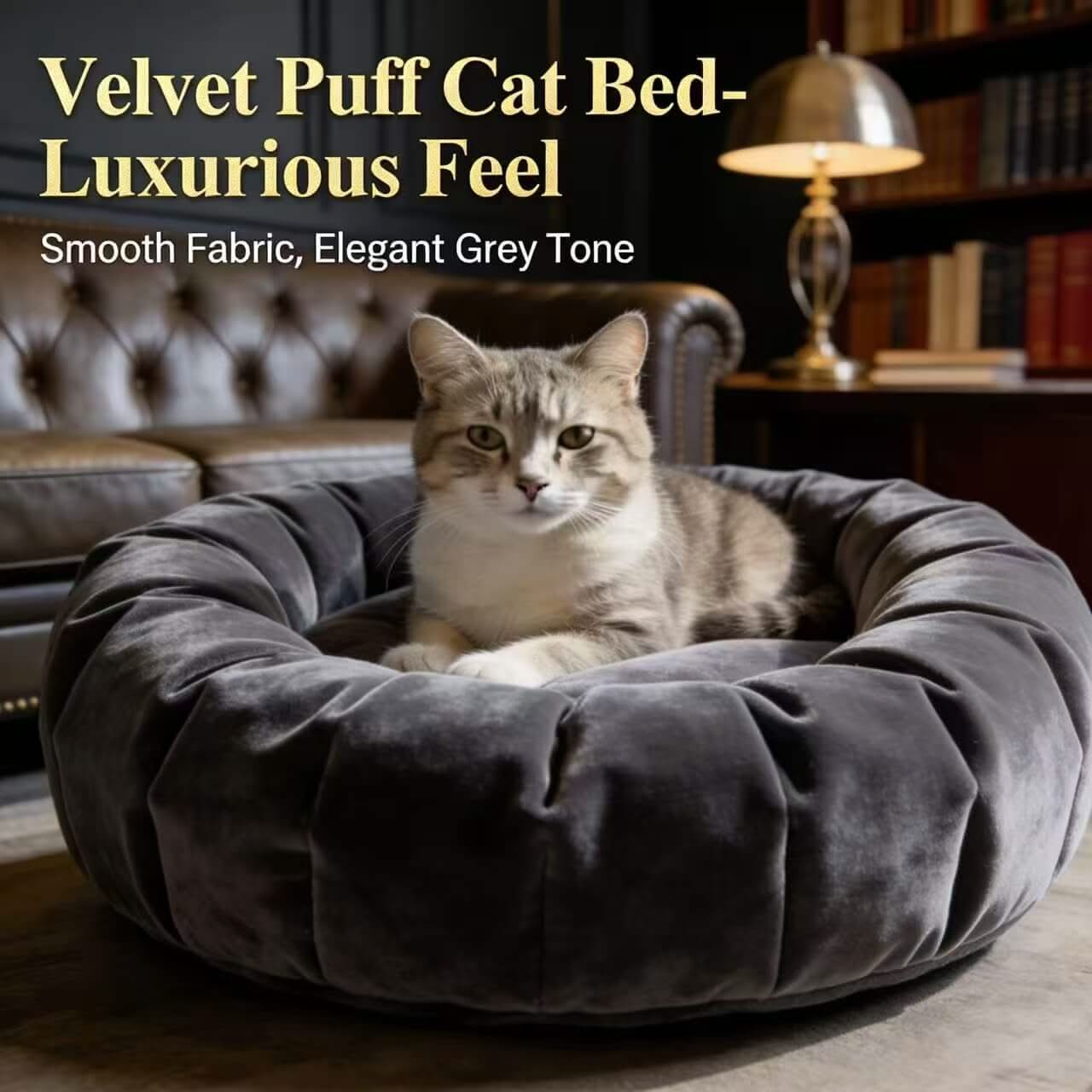 Pleated Velvet Pet Bed for Cats - Gray, Plush, Round, Soft Cushion, All-Season