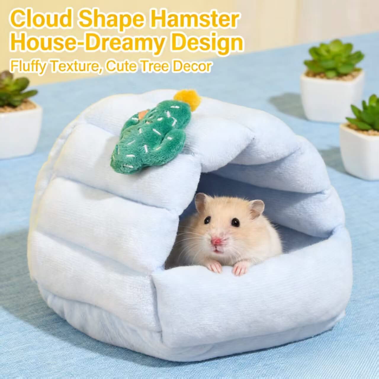 Dreamy-Design Hamster House for Hamsters - Cloud Shape, Light Blue, Fluffy Texture, Cute Cactus Decor