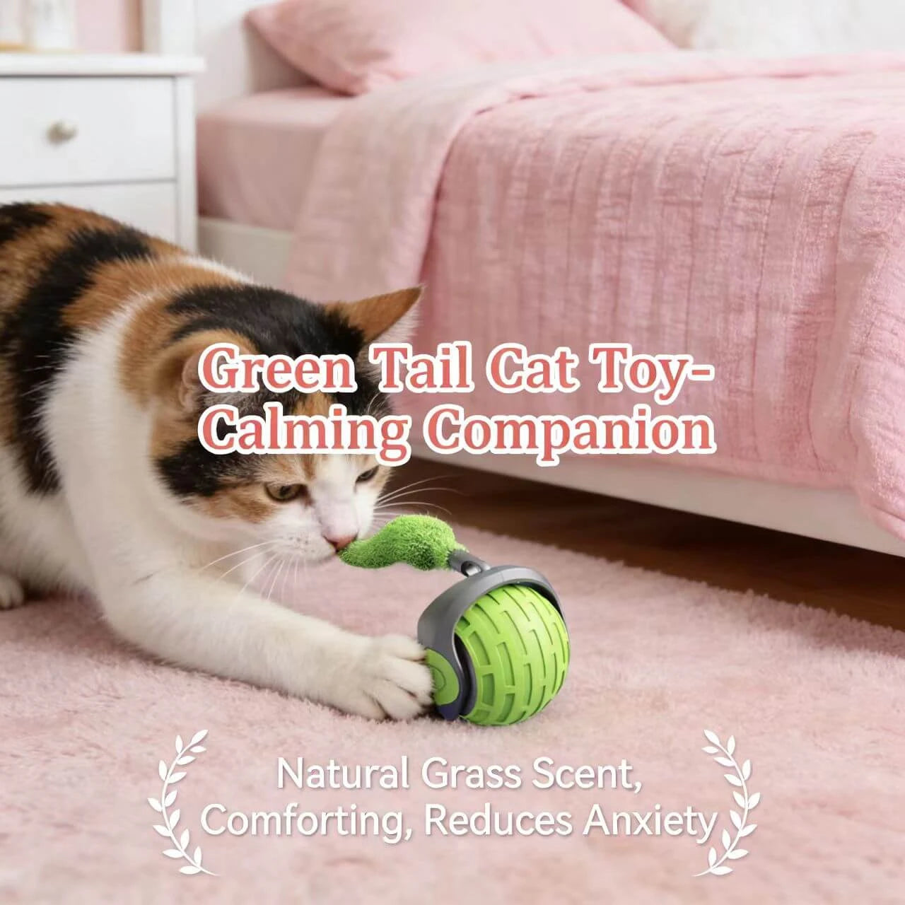 Auto-Rolling Cat Teaser Toy - Feather Attachment, Green Rubber Ball, Indoor Play