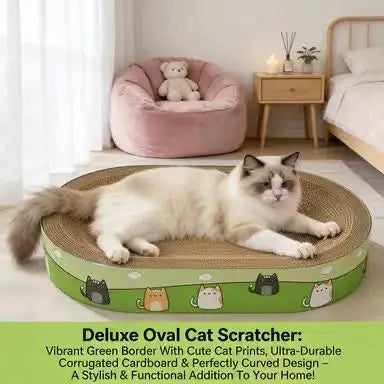 Cat-Pattern Oval Cat Scratcher: Corrugated Cardboard, Rest & Scratch, Green-Cute Design