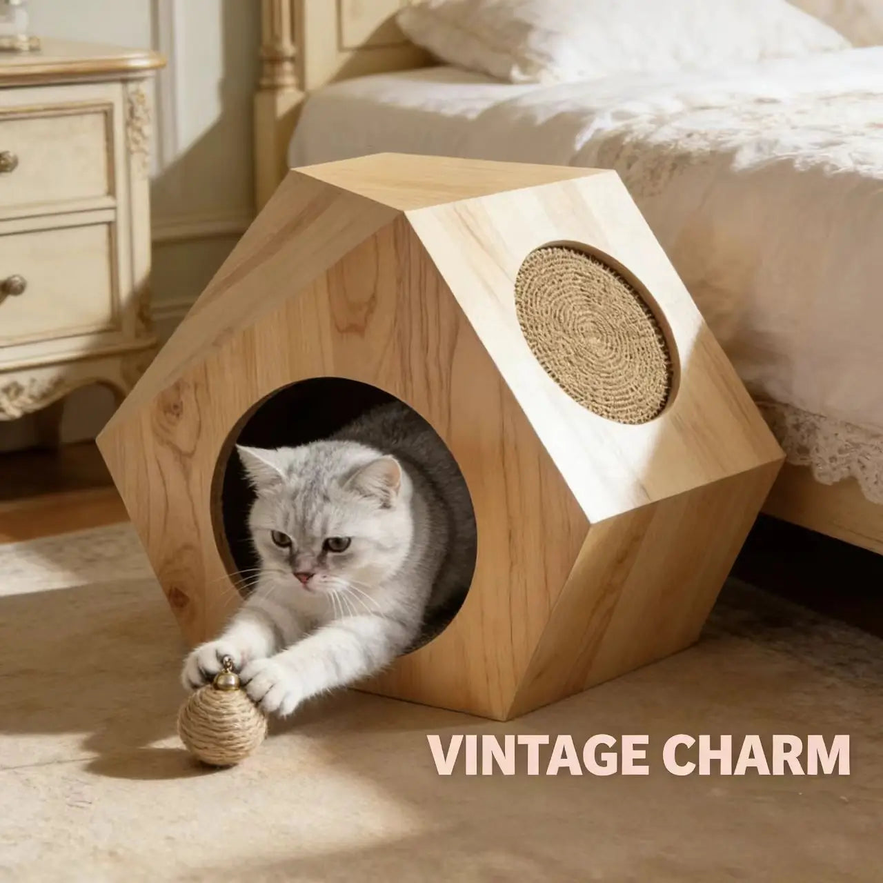 Hexagonal Cat House - Integrated Scratching Pad, Natural Light Wood