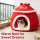 Warm Enclosed Pet Bed: Dragon Embroidery, Plush Lined (Red-White, Winter)