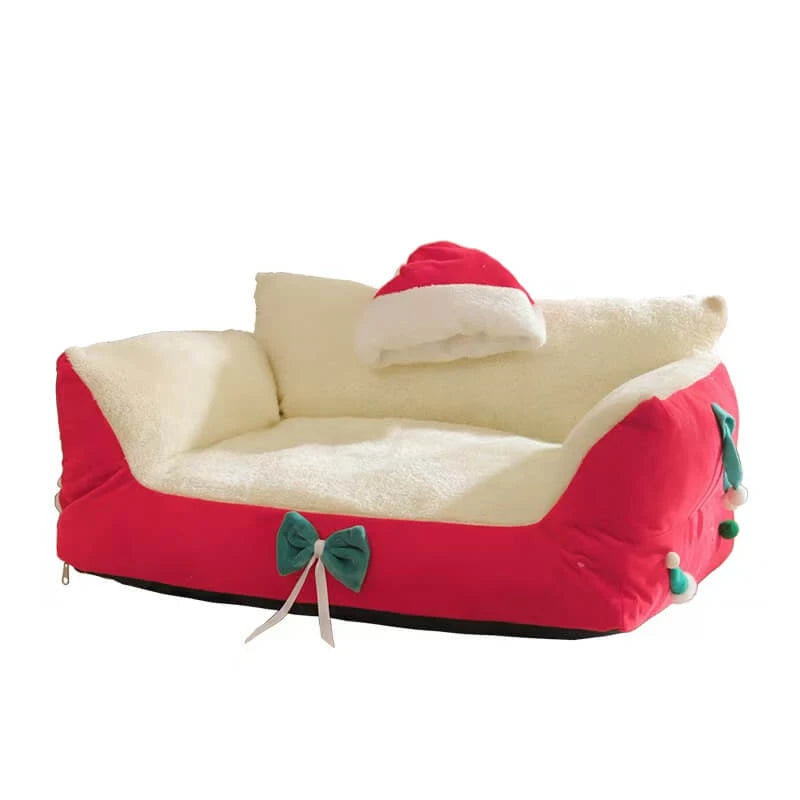 Cozy Holiday Pet Sofa for Cats - Xmas Design, Plush, Red/White Rest Bed