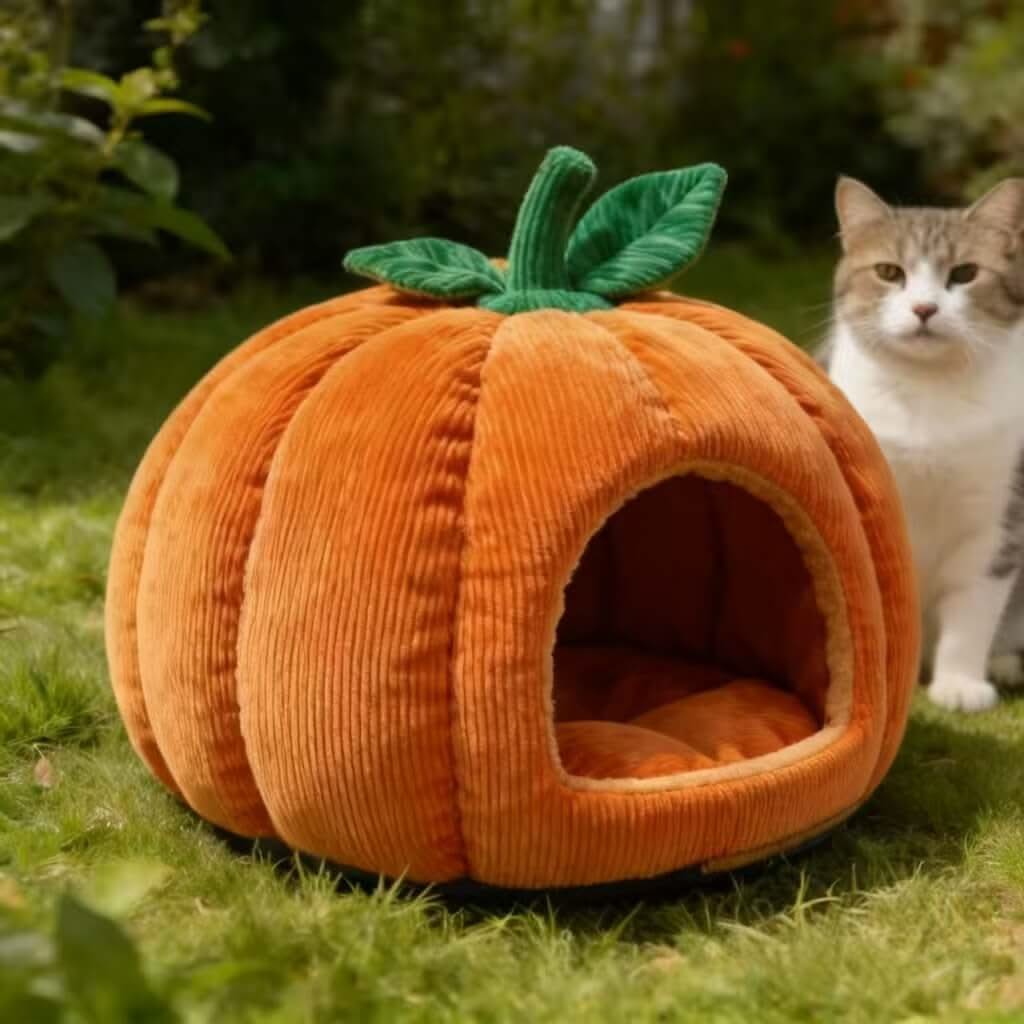 Cozy Pet Cave Bed for Cats - Orange Pumpkin Shape, Corduroy Fabric, Green Stem Decor