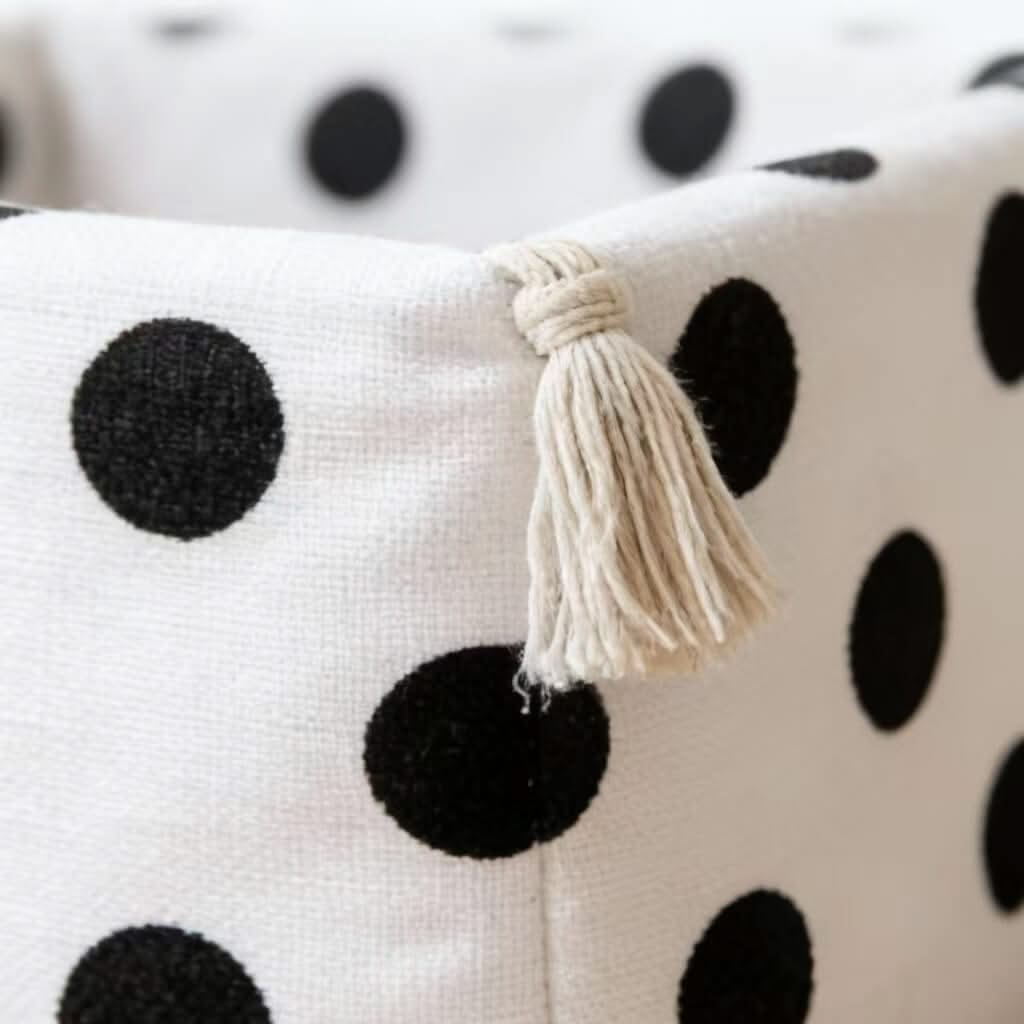 Polka Dot Pet Bed for Cats - White-Black, Square, Tassel Decor, Soft Fabric