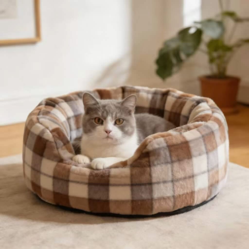 Plaid Faux Fur Pet Bed for Cats - Brown-White-Gray, Round, Soft Cushion, Cozy All-Season