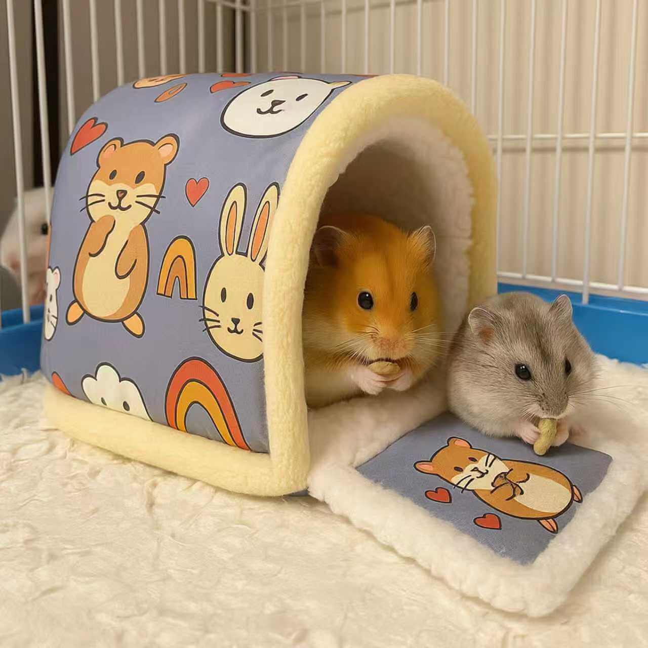 Cute-Themed Hamster House for Hamsters - Cartoon Pet Print, Light Blue & Beige, Plush Lining, Matching Mat