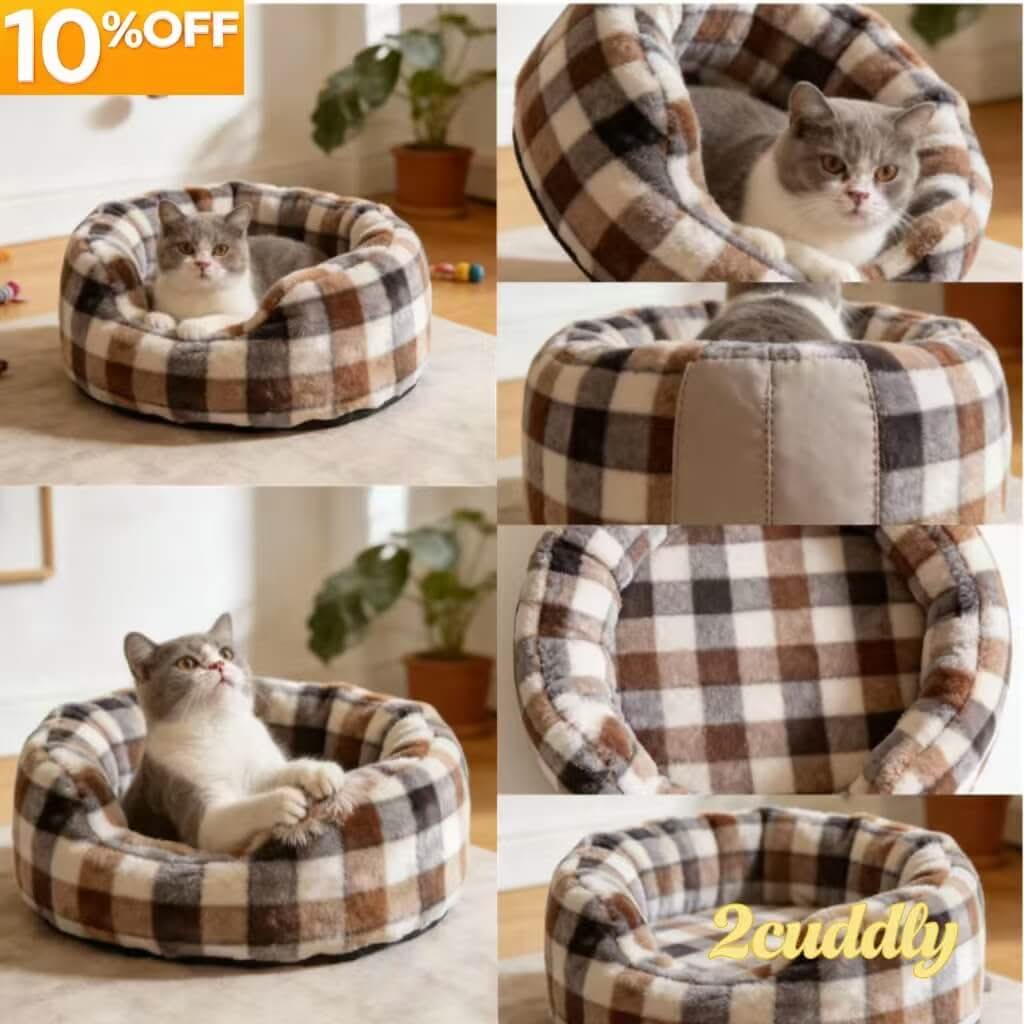 Plaid Faux Fur Pet Bed for Cats - Brown-White-Gray, Round, Soft Cushion, Cozy All-Season