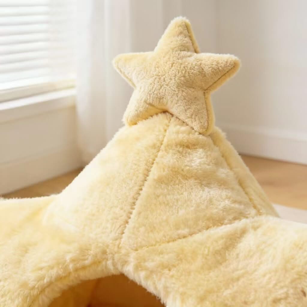 Star-Shaped Pet Cave Bed for Cats - Yellow, Plush Fabric, Cozy Hiding Spot