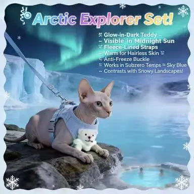 Escape-Proof Cat Harness: Adjustable Fit, Plush Bear Accent (Light Blue)