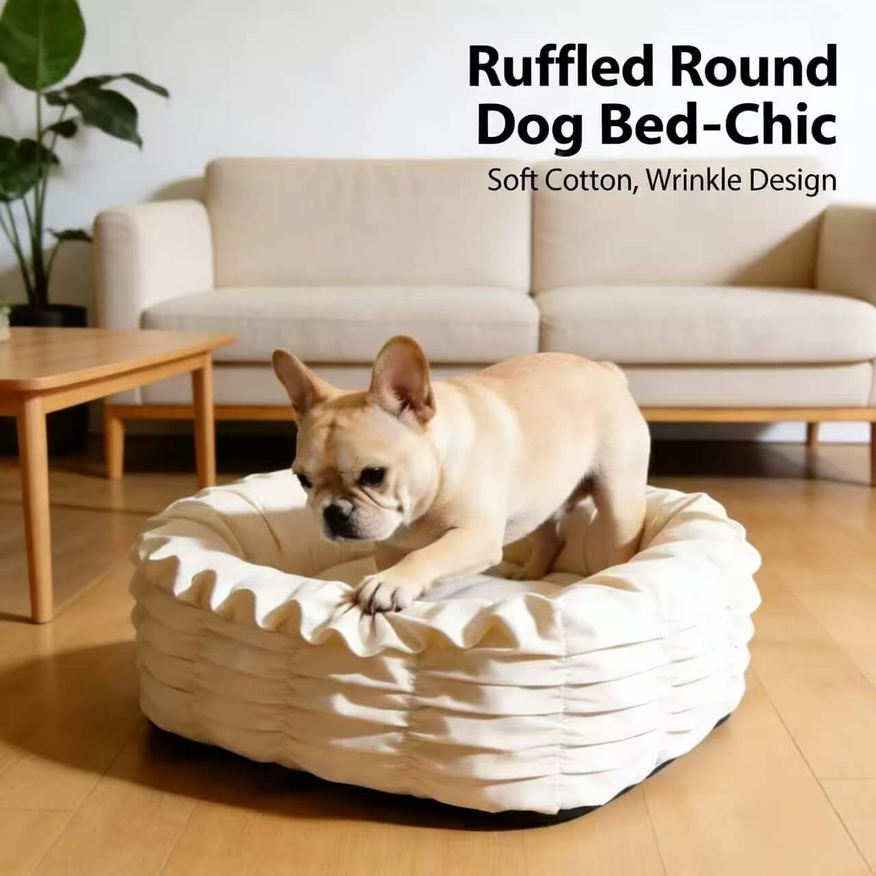 Chic Soft Pet Bed for Dogs - White, Round, Ruffled, Wrinkle Design, Cotton Fabric"