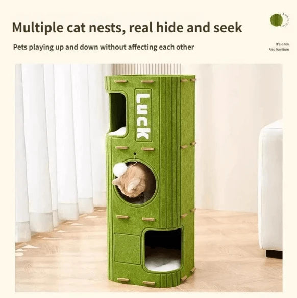 Multi-Level Cat Condo - Tree Design, Interactive Pom-Pom, Green Felt