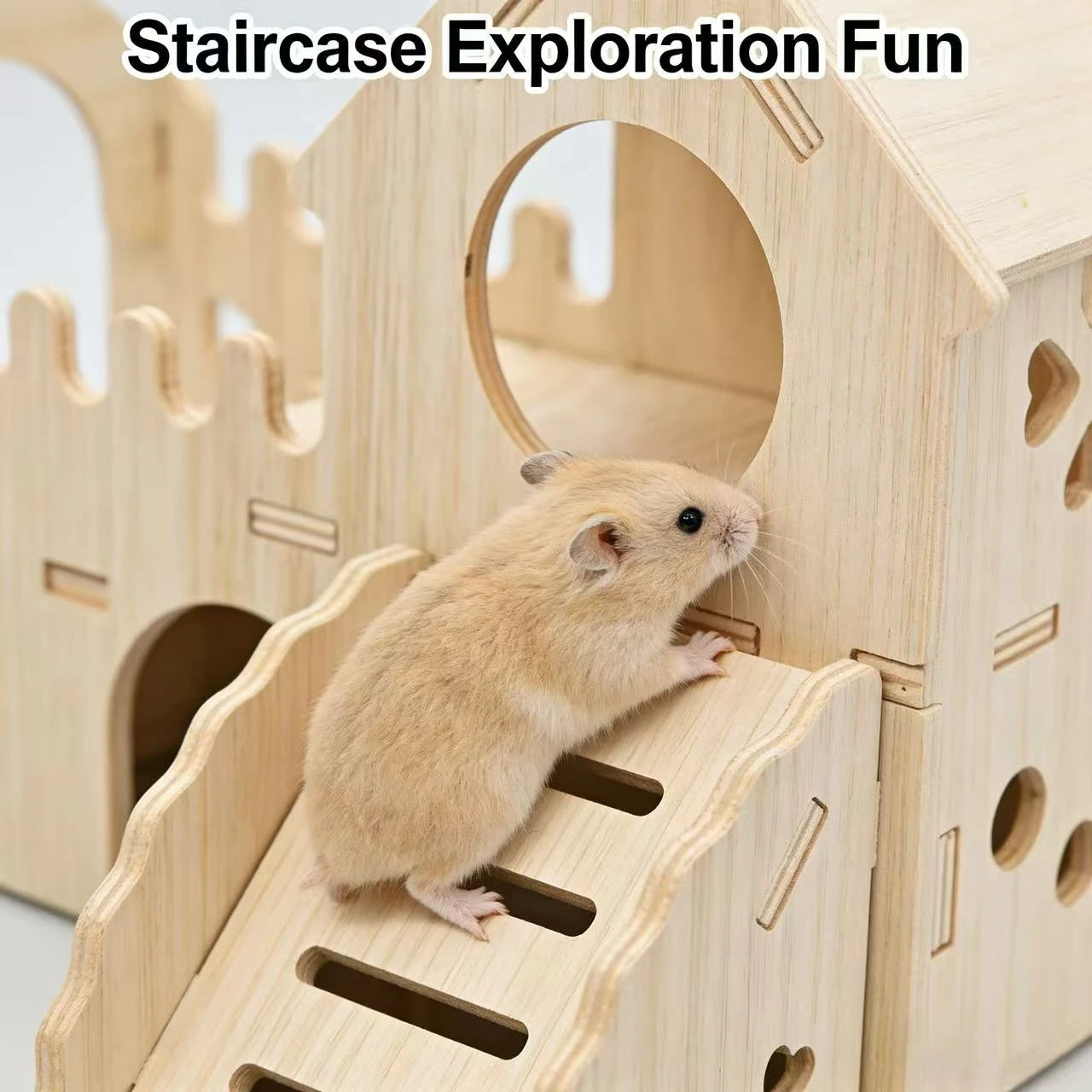 Hide & Play Hamster Nest for Hamsters - Wooden Multi-Level Slide Castle-Shaped Decor Holes Light Wood