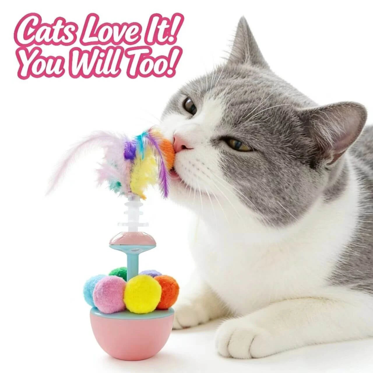 Interactive Cat Tumbler Toy - Feather Teaser & Pom-Pom Balls, Pink & Blue