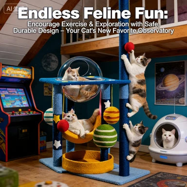 Niche Product: Space-Themed Cat Tree Scratcher, Blue/Yellow, Multi-Layer, Rest & Claw Care for Cats