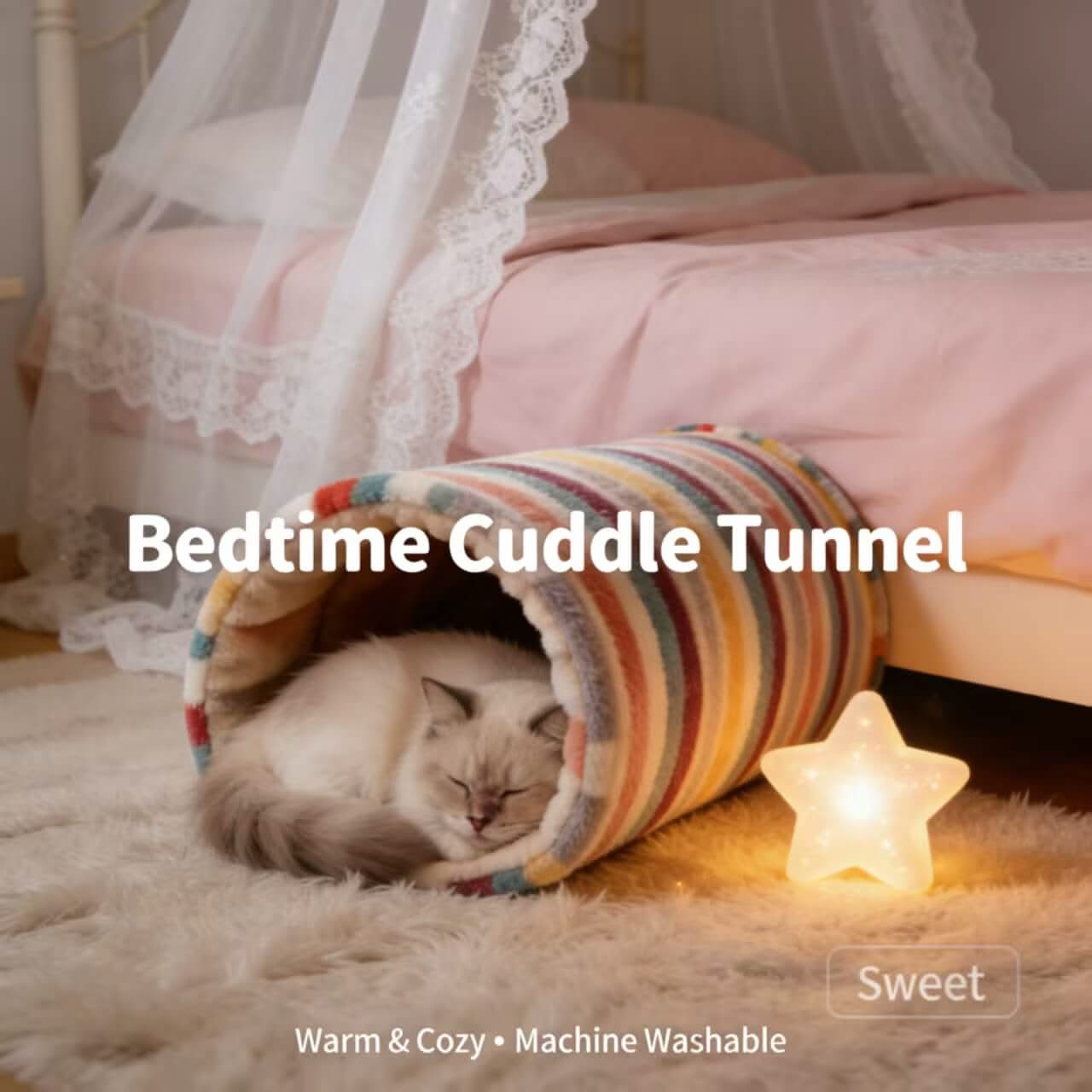Cute Striped Pet Tunnel Bed for Cats - Fluffy, Colorful, Cozy Hiding Spot, All-Season