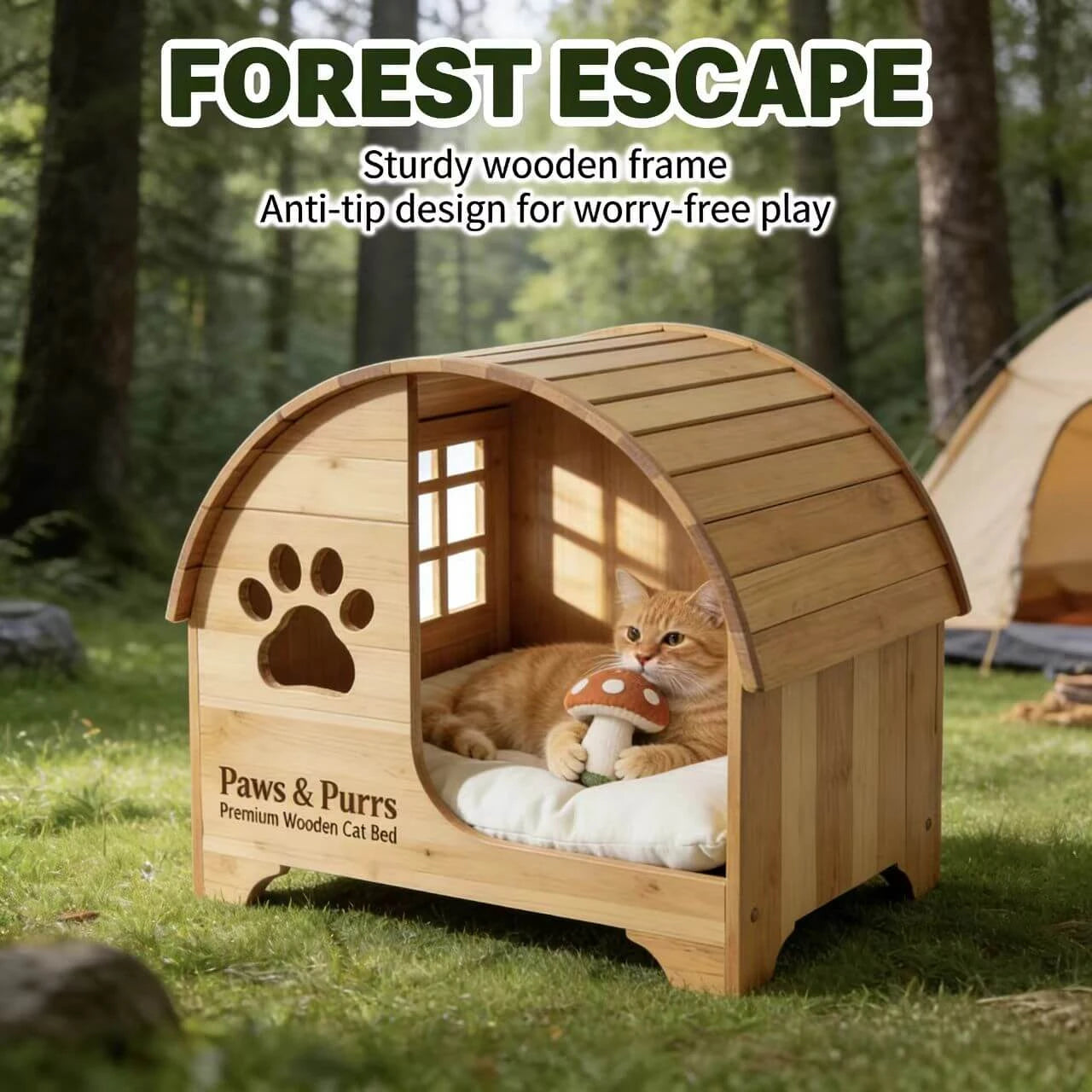 Rustic Cat House with Paw Cutout - Windowed, Removable Cushion, Pet Furniture