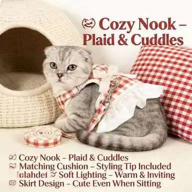 Escape-Proof Cat Harness & Leash: Ruffled Skirt & Bow, Plaid Design