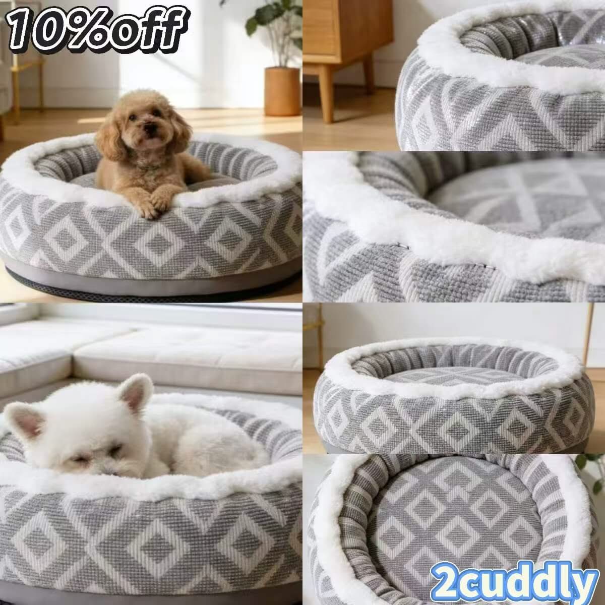 Boho-Living Pet Bed for Dogs - Round, Grey Geometric Pattern, Textured Weave, Faux Fur Trim