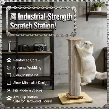 Tall Cat Scratcher Post: Vertical Claw Grinding, Wooden Base, Interactive Toy (Beige)
