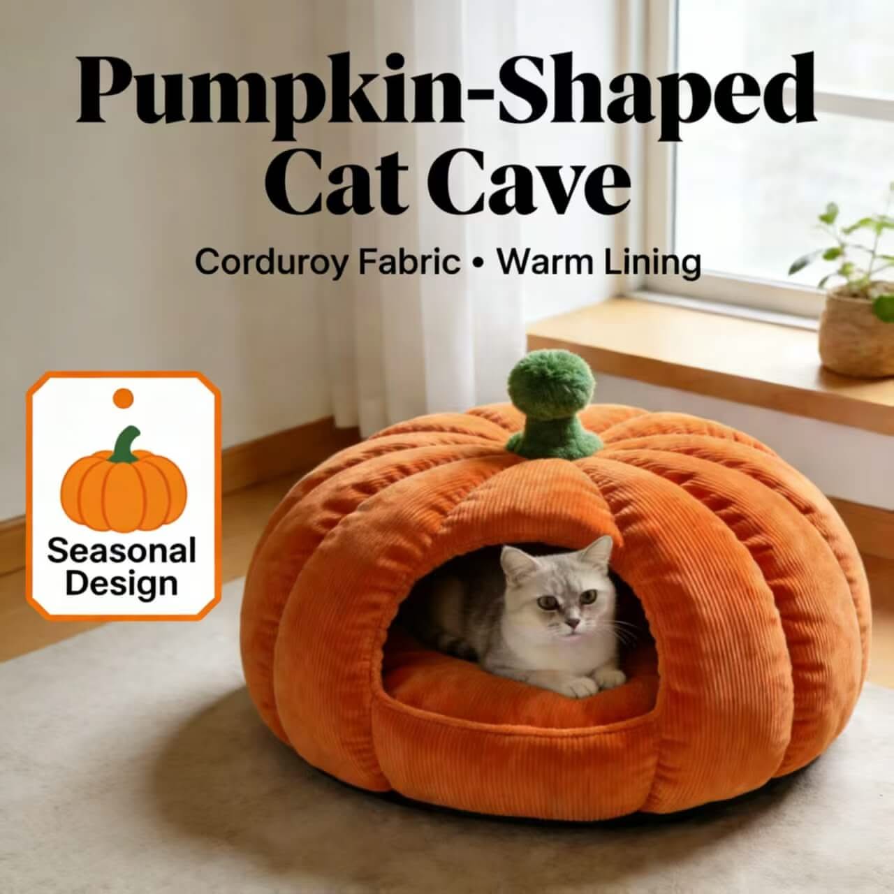Pumpkin Shape Cat Bed , Corduroy Enclosed Design Orange for Cats