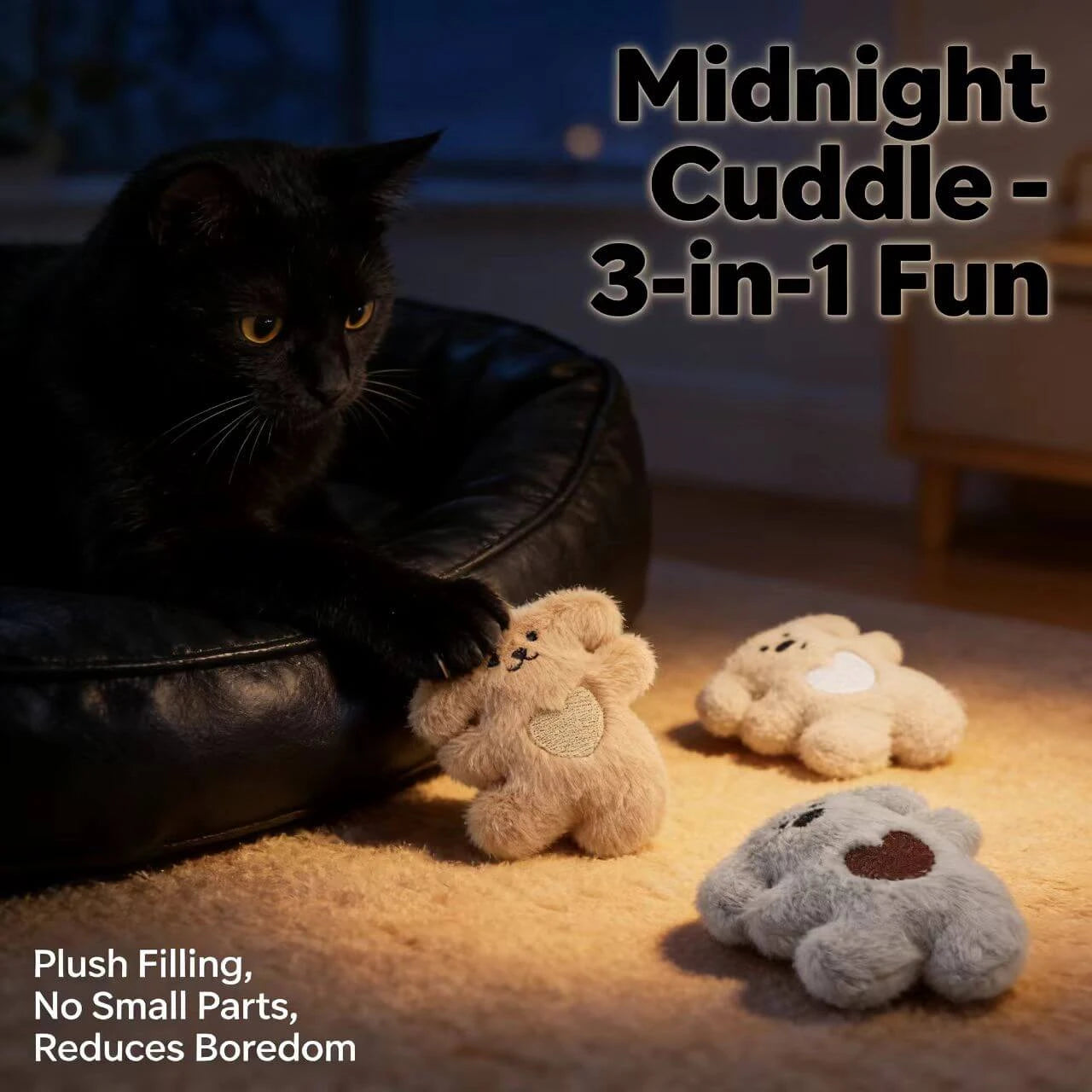 Cute Bear Cat Toy Set - Plush Fabric, Catnip Infused, 3 Colors Interactive Pet Toys