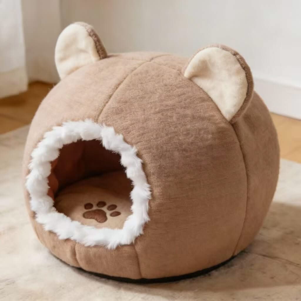 Adorable Bear-Ear Pet Cave Bed for Cats- Paw-Print, Plush, Brown, Cozy Hiding Spot, All-Season