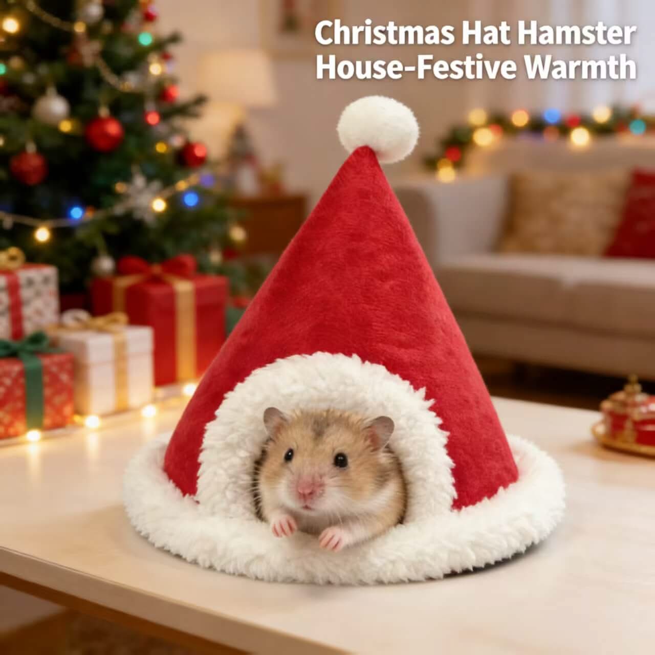 Festive-Warmth Hamster House for Hamsters - Christmas Hat Shape, Red-White, Plush Trim