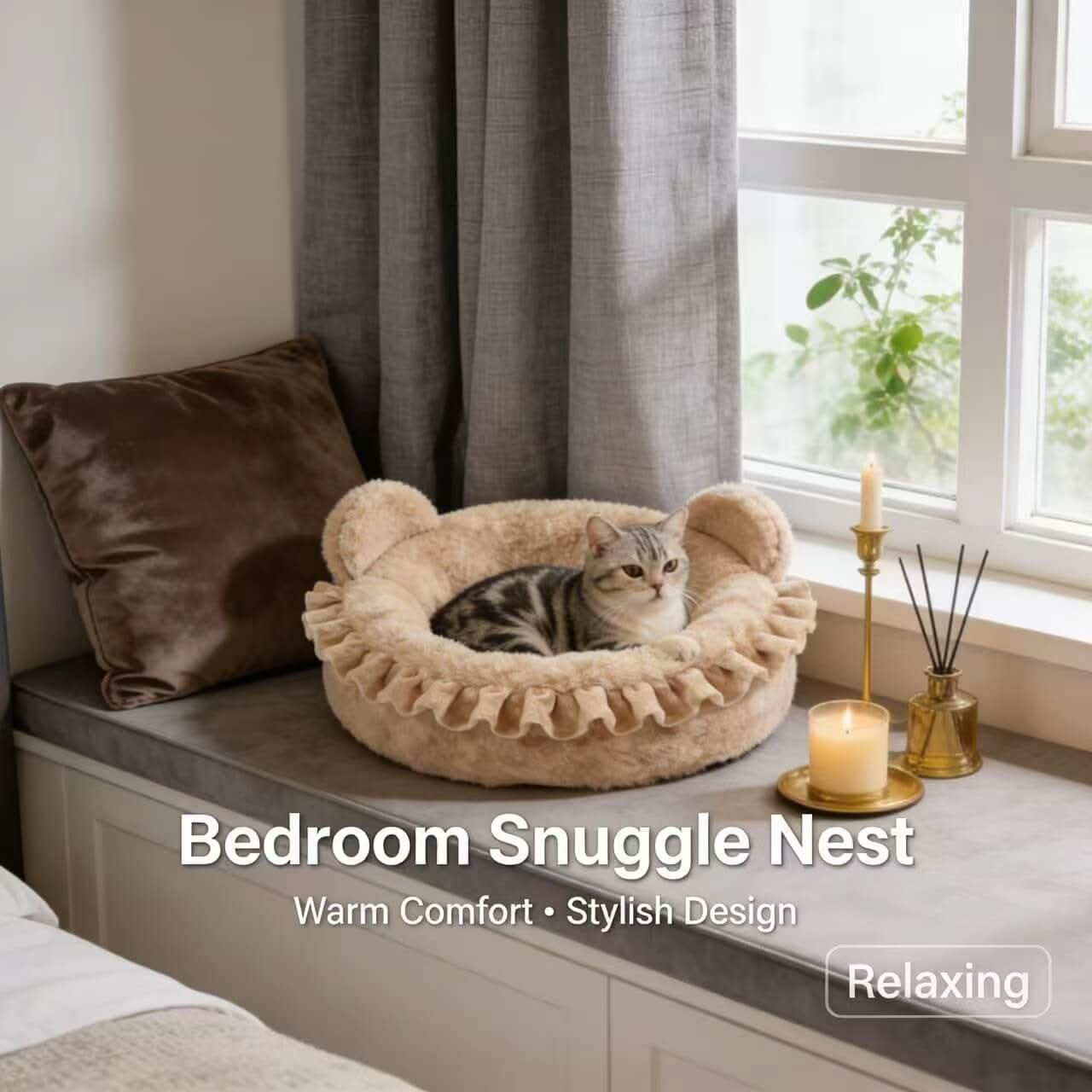 Adorable Ear-Shaped Pet Bed for Cats - Ruffled Trim, Plush Fleece, Beige, Cozy Cushion, All-Season