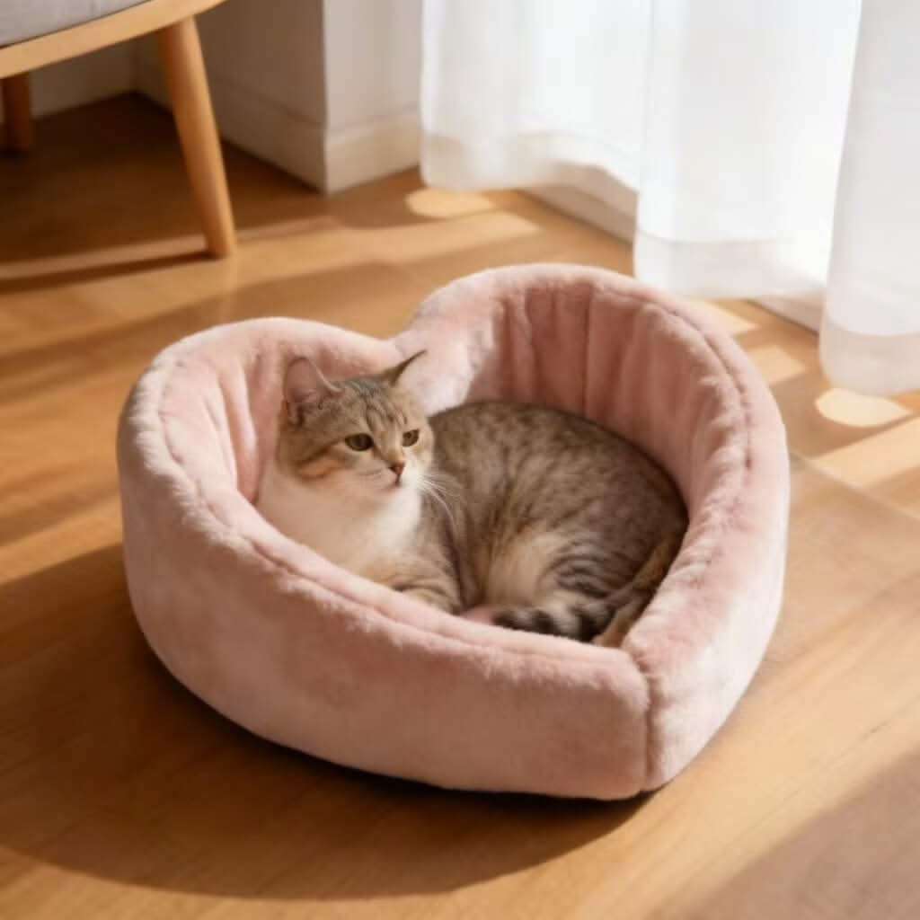 Cozy Pet Bed for Cats - Pink, Heart Shape, Plush Faux Fur Fabric