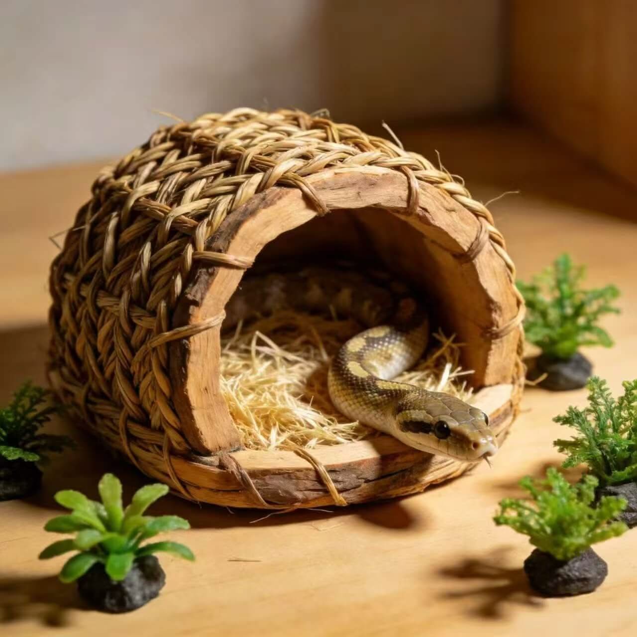 Natural Woven Snake Hide: Wood Accent, Cozy Bedding Space for Snakes