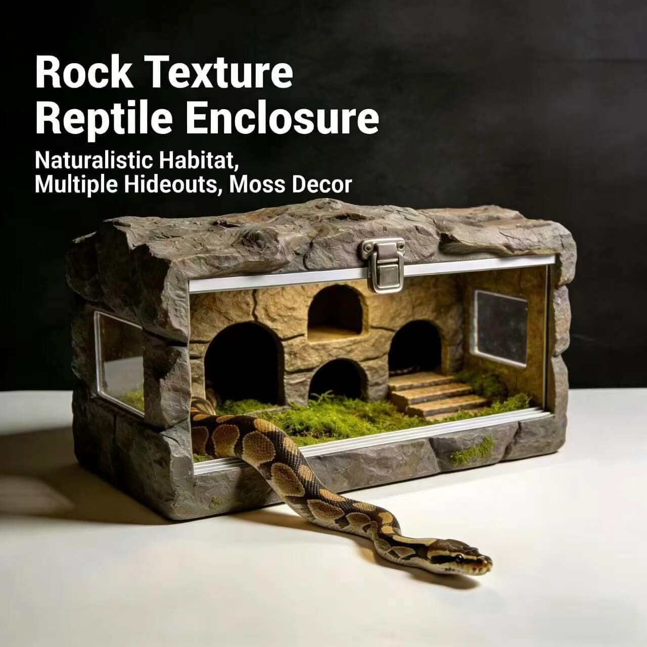 Rock-Style Multi-Hide Snake Enclosure: See-Through Panels, Tiered Design for Snakes