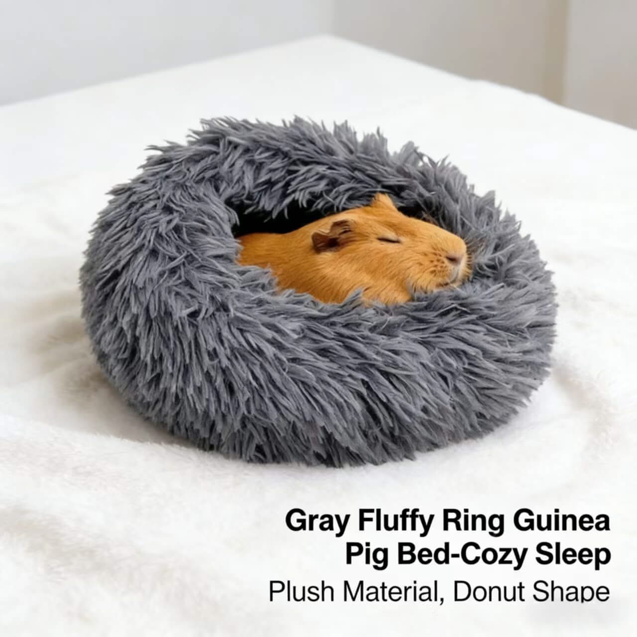 Cozy-Sleep Guinea Pig House for Guinea Pigs - Gray Fluffy, Donut Shape, Plush Material