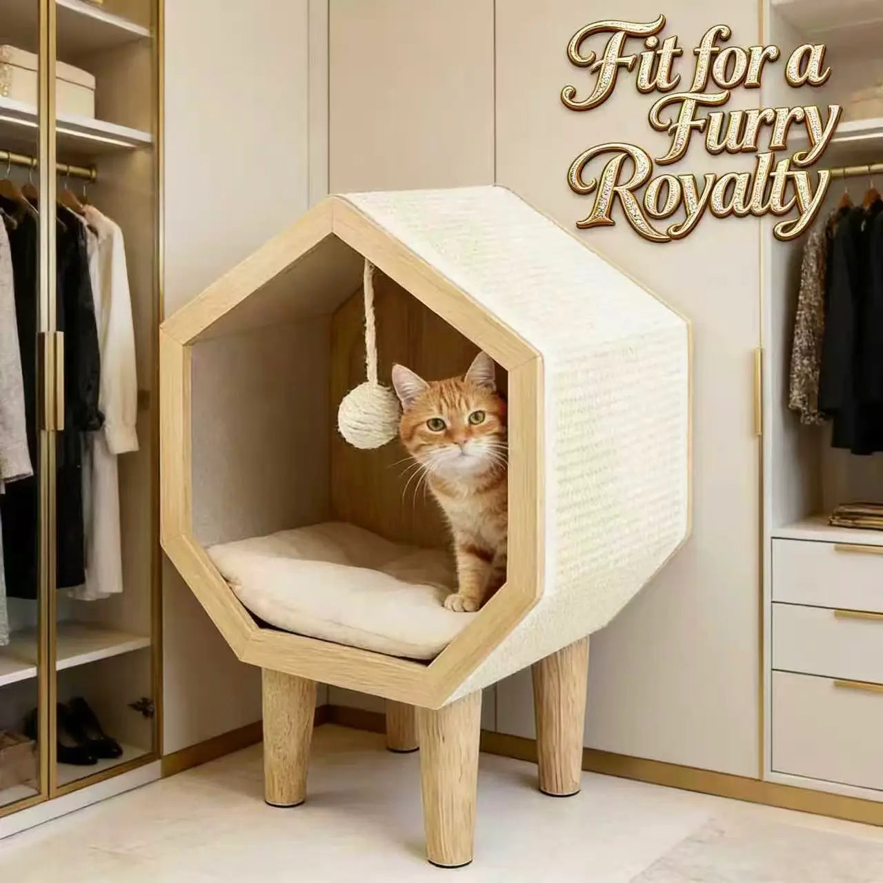 Hexagonal Wooden Cat Cave & Scratcher: Elevated Hideaway with Cushion & Toy, Modern Furniture for Indoor Cats