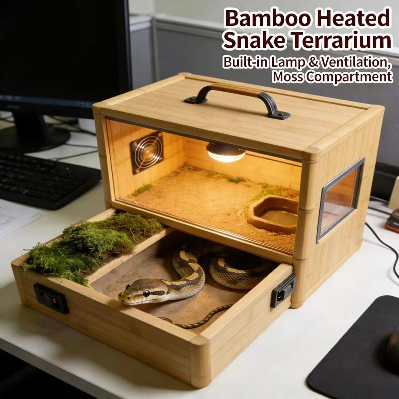 Portable Bamboo Heated Snake Hide: Pull-Out Tray, Built-In Water Dish for Snakes