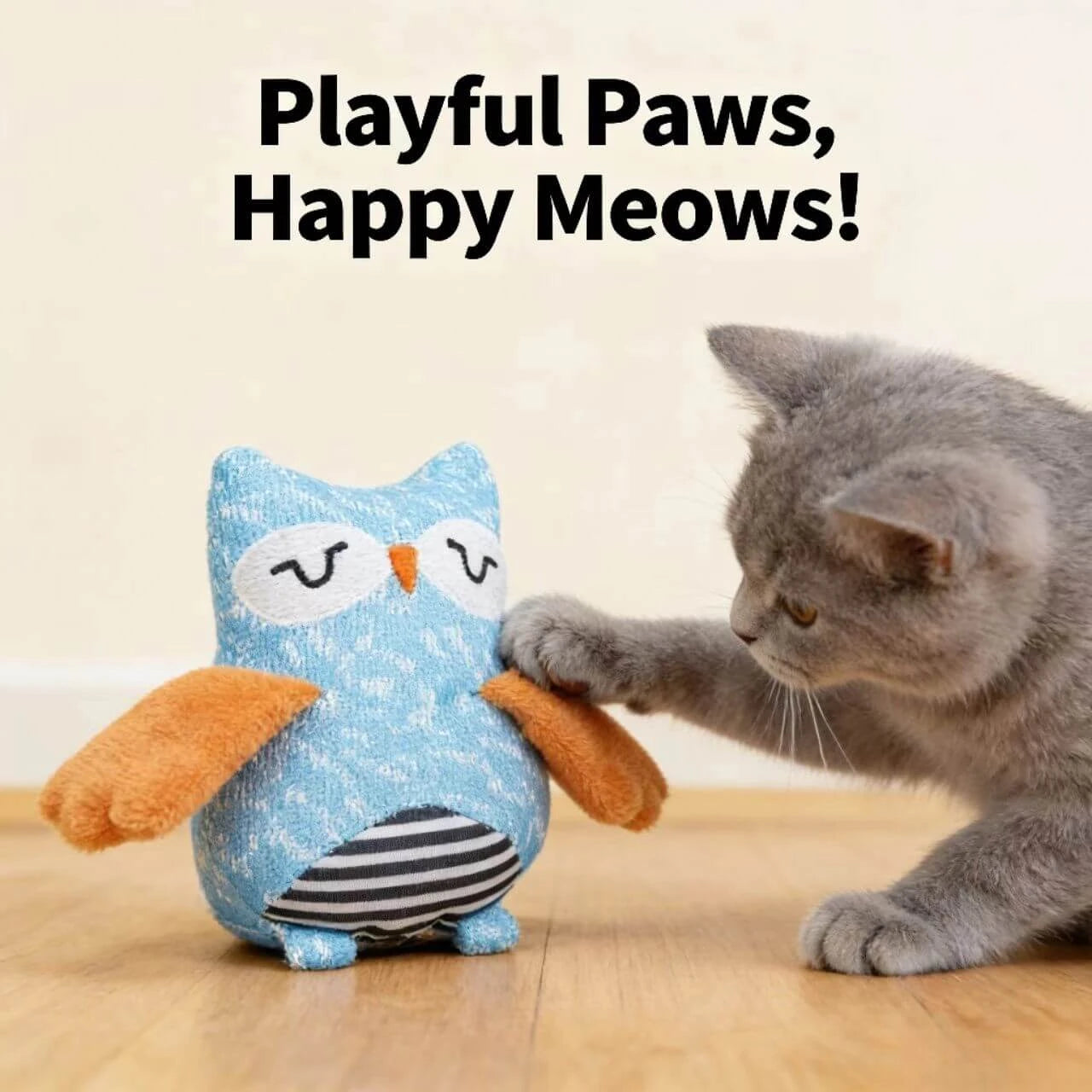 Squeaky Plush Cat Toy - Owl Shape, Blue & Orange, Indoor Play