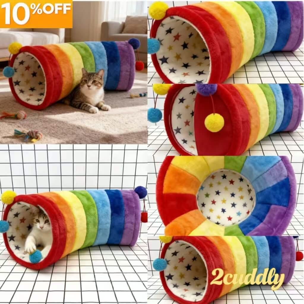 Rainbow Pet Tunnel Bed for Cats - Star-Print, Pom-Pom Decor, Plush, Colorful, Cozy Hiding Spot, All-Season