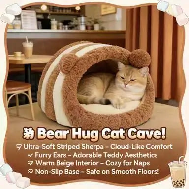 Bear-Ear Cat Bed: Cozy Hideaway, Striped Plush Surface (Brown-Beige)